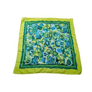Vintage Scarf Green Turquoise Blue Mod Print Square Neck Hair